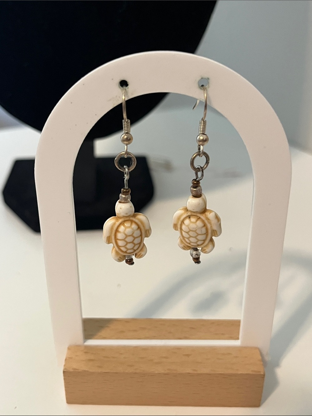Handmade Turtle Dangle Earrings in Cream